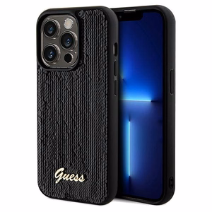 Guess Sequin Script Metal -suojakuori iPhone 14 Prolle - musta
