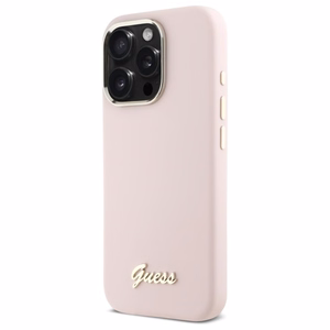 Guess Silikoninen Script Metal Logo & Frame Suojakuori iPhone 16 Pro Max:lle - Vaaleanpunainen