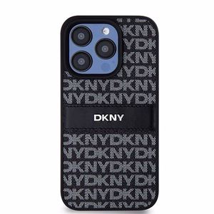 DKNY Nahkainen Mono Raita ja Metallinen Logo Suojakuori iPhone 15 Pro Max:lle - musta