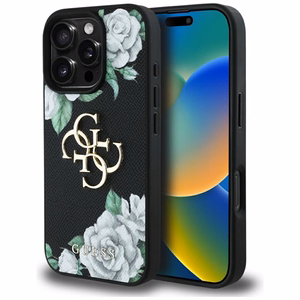 Guess Grained Roses Big 4G logo Suojakuori iPhone 16 Pro:lle - musta