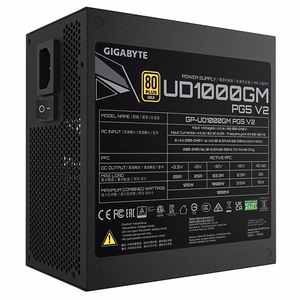 Virtalähde Gigabyte UD1000GM PG5 V2 PCIe Gen 5.1, 80 PLUS Gold, täysin modulaarinen, 120 mm tuuletin, ATX 3.1 -yhteensopiva, EU-pistoke