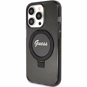 Alkuperäinen GUESS GUHMP15XHRSGSK Suojakuori iPhone 15 Pro Maxille (MagSafe-yhteensopiva / Glitter Script Logo / Ring stand / musta)