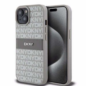 DKNY Nahkainen Mono Raita ja Metallinen Logo Suojakuori iPhone 15 Plus / 14 Plus:lle - beige