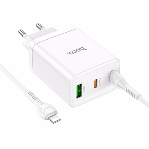 Laturi Hoco N33 + USB-C (Type-C) - Lightning -kaapeli (2xUSB-C; 1xUSB 35W) valkoinen