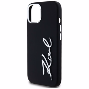 Karl Lagerfeld Silikoninen Metal Script Logo iPhone 15 Suojakuori - Musta