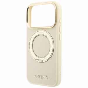 Guess Grained Classic Logo -suojakuori laitteelle iPhone 18 Pro / 17 Pro, 360° rengastuella, MagSafe-yhteensopiva – beige