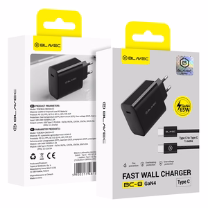 Blavec seinälaturi BC-8 GaN4 - Type C - PD QC 65W 3A Type C to Type C -kaapelilla (TCBC8G4-CB653A+CC), musta