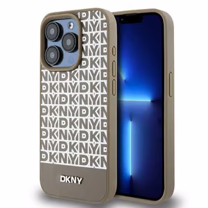 DKNY Nahkainen Painettu Kuvio Metallinen Logo MagSafe Suojakuori iPhone 15 Pro:lle - ruskea