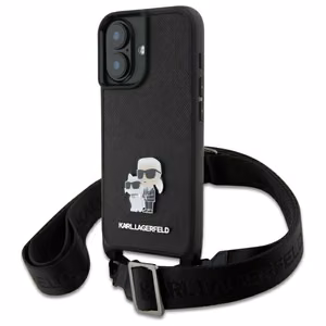 Karl Lagerfeld Saffiano Karl&Choupette Metal Pin CBDY hihna suojakuori iPhone 16:lle - musta