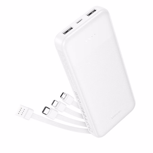 Hoco J163 -varavirtalähde 10000 mAh 2A neljällä sisäänrakennetulla kaapelilla USB-A + USB-C + Lightning + Micro USB, valkoinen
