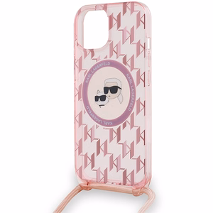 Karl Lagerfeld IML Crossbody Monogram Karl & Choupette Head MagSafe Suojakuori iPhone 15 / 14 / 13:lle - vaaleanpunainen