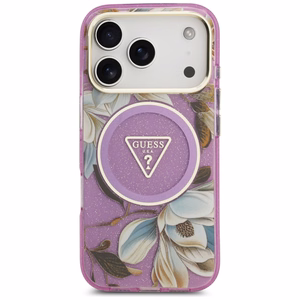 Guess IML Glitter Flowers Triangle MagSafe suojakuori mallille iPhone 17 Pro / 18 Pro – violetti