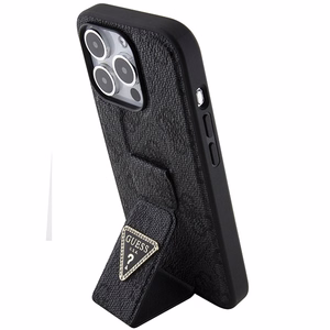 Guess Grip Stand 4G Triangle Strass Suojakuori iPhone 15 Prolle - musta
