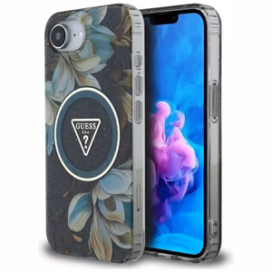 GUESS IML Metal Glitter Flowers Triangle MagSafe Alkuperäinen Suojakuori iPhone 17e/16e:lle - Musta