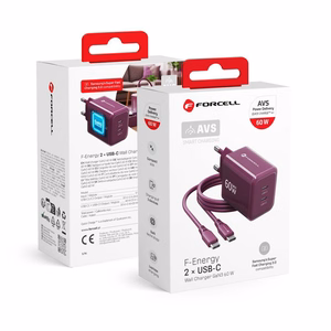 Viininpunainen 60 W:n Forcell F-Energy GaN III Crystal Color VT-60 -seinälaturi, 2 × USB-C, AVS/PPS ja 1 m:n 60 W:n silikoninen USB-C–USB-C-kaapeli