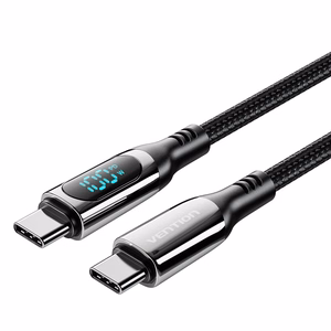 Vention puuvillapunos USB 2.0 C Male–C Male 5A -kaapeli LED-näytöllä 1.2M, musta, sinkkiseos