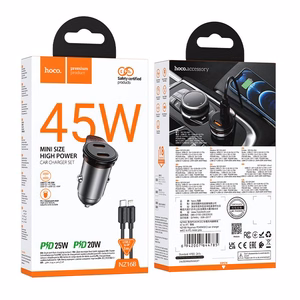 Autolaturi Hoco 2 x USB-C QC PD 45W + USB-C - Lightning -kaapeli NZ16B metallinen harmaa