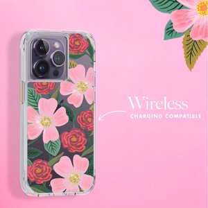 Rifle Paper Clear suojakuori iPhone 14 Pro -laitteelle, kullanvärisellä koristelulla, Rose Garden -kuvioinen