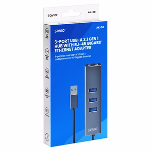 Savio AK-57 USB-A - 3x USB-A -keskitin RJ-45 Gigabit Ethernet -adapterilla, USB 3.2 Gen 1, musta/harmaa