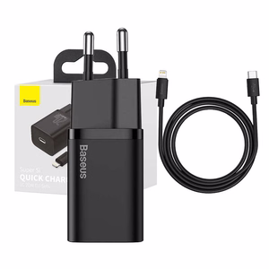 Baseus Super Si 20W laturi USB-C + USB-C - Lightning-kaapeli 1,0 m musta TZCCSUP-B01