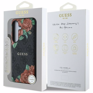 Guess Nahkainen 4G Flowers Print Metal Classic Logo MagSafe Suojakuori Samsung Galaxy S25:lle - musta