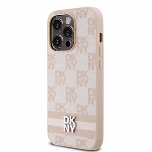 DKNY Nahkainen Checkered Mono Pattern & Printed Stripes Suojakuori iPhone 14 Pro:lle - vaaleanpunainen