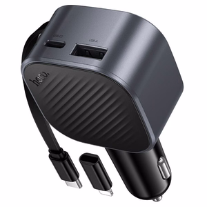 Hoco Z68 -autolaturi, USB-A + USB-C, PD QC3.0, 45 W, ulosvedettävä USB-C-kaapeli, musta