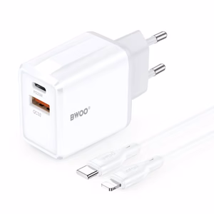 BWOO seinälaturi CDA182 QC 38W 1x USB-A + 1x USB-C ja USB-C C-Lightning-kaapeli 1 m musta