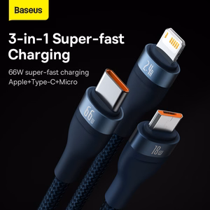 Baseus Flash Series II 3-in-1 -kaapeli USB-A - USB-C/Lightning/Micro USB - 66W 6A 1,2 m CASS040003 - sininen