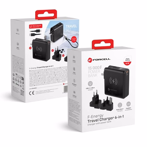 Monitoiminen laturi Forcell F-Energy 6in1 USB A + USB C PD 45W + varavirtalähde 15000 mAh + langaton lataus 15W musta