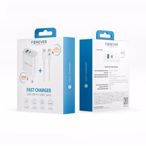 Forever TC-07-30AC PD QC charger 1x USB-C 1x USB 30W white + USB-C - USB-C cable 60W