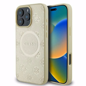 Guess Saffiano Peony Classic Logo MagSafe Suojakuori iPhone 16 Pro:lle - kultainen