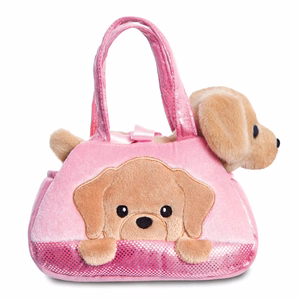 Fancy Pals PeekaBoo ympäristöystävällinen labradorinpehmolelu vaaleanpunaisessa laukussa, 20 cm