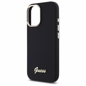 Guess Silicone Script Metal Logo & Frame Case for iPhone 16 - Black