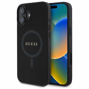 Guess Saffiano Classic Logo MagSafe Suojakuori iPhone 16:lle - musta