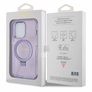 Guess Ring Stand Script Glitter MagSafe suojakuori iPhone 14 Pro Maxille - violetti