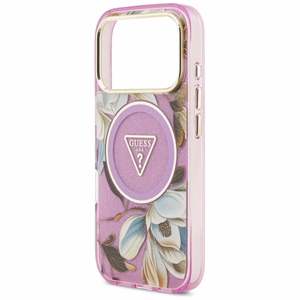 Guess IML Glitter Flowers Triangle MagSafe suojakuori mallille iPhone 17 Pro / 18 Pro – violetti