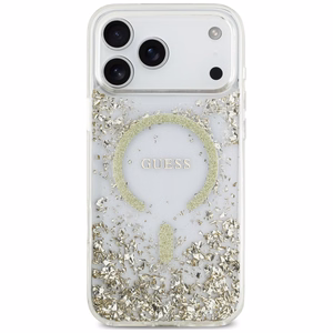 Guess Resin Bottom Glitter MagSafe suojakuori malleille iPhone 18 Pro Max / 17 Pro Max, kultainen