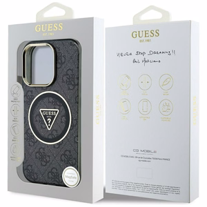 GUESS Suojakuori iPhone 16 Pro:lle MagSafe-yhteensopiva GUHMP16LHG4PRTGK (IML Metal Glitter 4G Circle Triangle) Musta