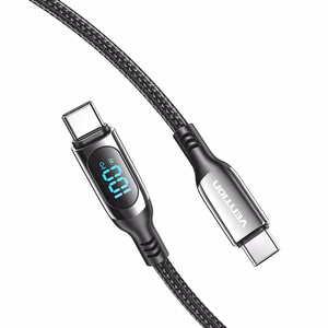 Vention puuvillapunos USB 2.0 C Male–C Male 5A -kaapeli LED-näytöllä 1.2M, musta, sinkkiseos
