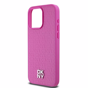 DKNY Nahkainen Monogram Pattern Metal Logo MagSafe Suojakuori iPhone 15 Pro Max:lle - Vaaleanpunainen