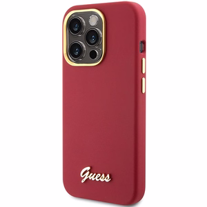 Guess Silicone Script Metal Logo & Frame kotelo iPhone 15 Pro - punainen