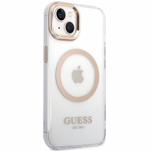 Guess Metal Outline MagSafe Suojakuori iPhone 15 Plus / 14 Plus:lle - kultainen