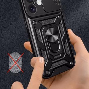 Hybrid Armor Camshield Panssaroitu Suojakuori iPhone 16 Plus:lle kameransuojalla ja jalustalla - Musta