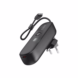 SBS Hybrid PD 20W 5000mAh Power Bank with Built-in Cable and Foldable Plug - Black