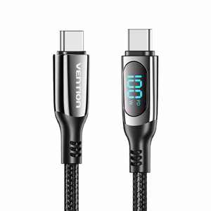 Vention puuvillapunos USB 2.0 C Male–C Male 5A -kaapeli LED-näytöllä 1.2M, musta, sinkkiseos