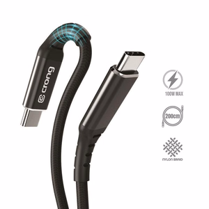 Crong Armor Link USB-C–USB-C-kaapeli, 200 cm, 100 W PD, 5 A, musta