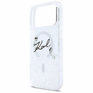 Karl Lagerfeld Liquid Glitter Karl Script Logo MagSafe suojakuori iPhone 17 Pro Max läpinäkyvä