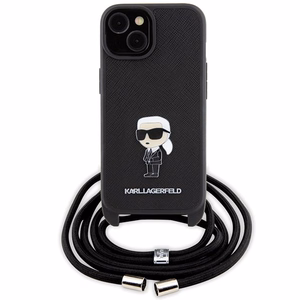 Karl Lagerfeld Suojakuori iPhone 15 6,1 KLHCP15SSASKNPSK musta HC Saffiano Ikonik Metal Pin Monogram Crossbody