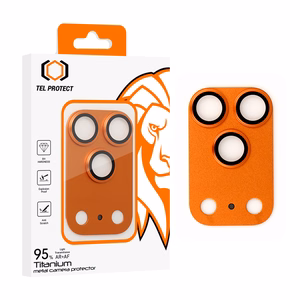 Karkaistu lasi Tel Protect 95% AR+AF, täysmetallinen kamerasuoja iPhone 17 Pro -kameralle, oranssi (kamerasaareke)